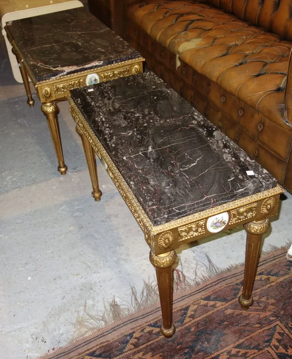 A gilt painted rectangular marble top table and another. (2)