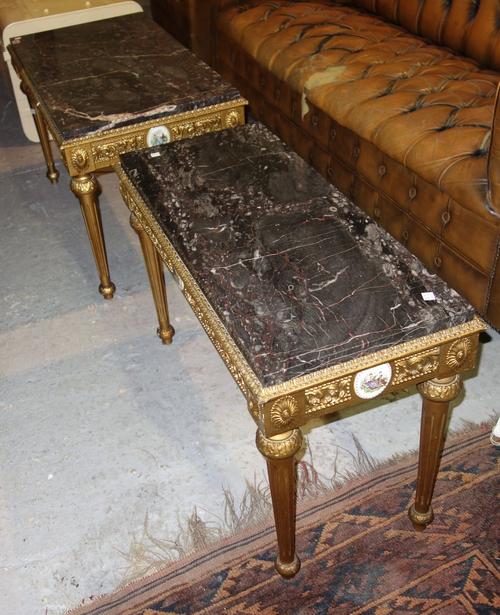 A gilt painted rectangular marble top table and another. (2)