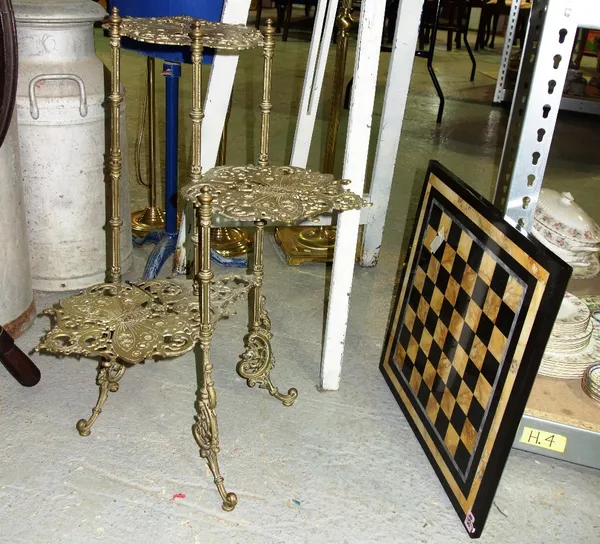 An onyx chess board table top, and a three tier brass etagere. (2)