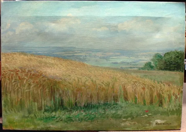 Jeanne Courtauld (20th century), Cornfield, oil on canvas, signed, unframed.