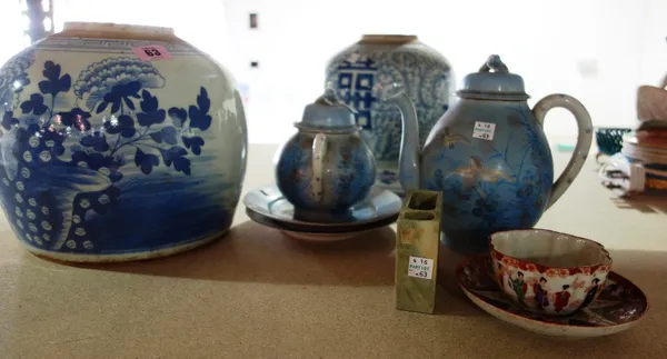 A group of Oriental ceramics including two blue and white ginger jars, a part tea set and sundry. (qty)