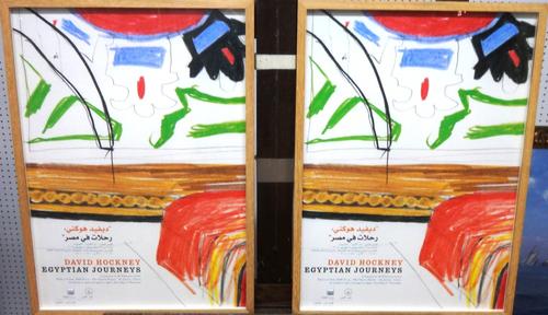 After David Hockney, Egyptian journeys, a pair of printed reproductions for the exhibition; together with a framed montage of colour prints.(3)