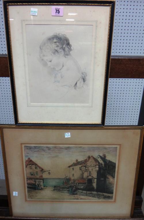 A 19th century print of a child, and a colour etching. (2)