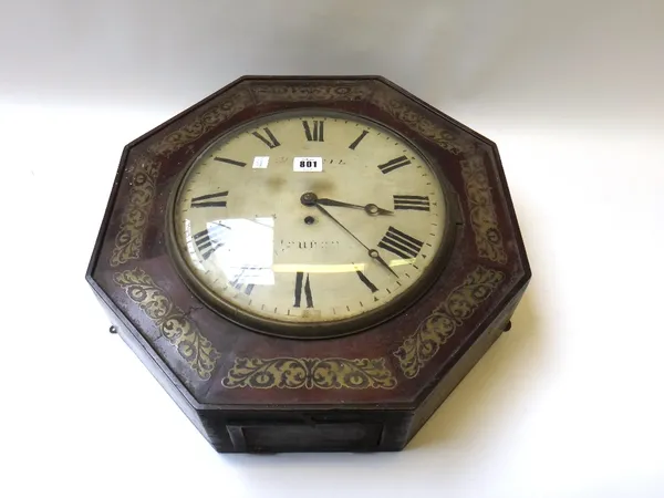 An octagonal rosewood and brass inlaid dial clock, mid 19th century, with a twelve inch white painted dial and single train fusee movement (a.f). 46cm