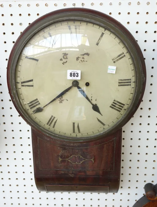 A mahogany and brass inlaid drop dial wall clock, mid 19th century, with an eleven and a half inch white painted plain dial, convex glass, and single