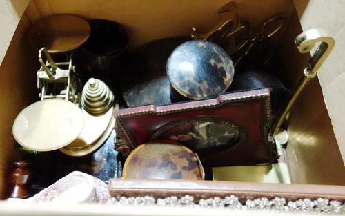 A quantity of collectables, including postage scales, faux tortoiseshell boxes, a brass letter rack and sundry. (qty)