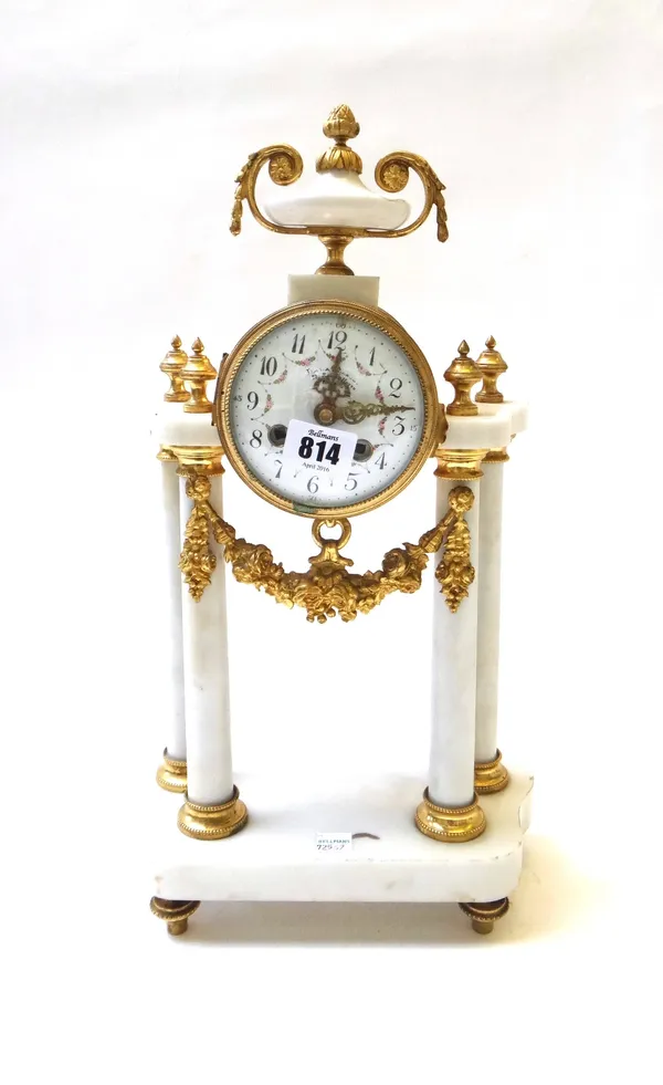 A white faux marble and gilt metal portico mantel clock with a later quartz movement. 42cm high, (pendulum)