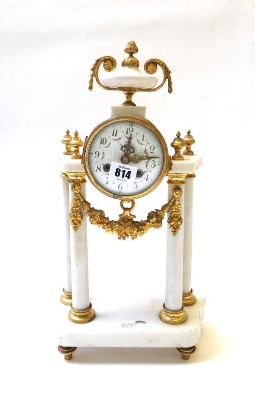 A white faux marble and gilt metal portico mantel clock with a later quartz movement. 42cm high, (pendulum)