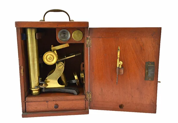 A lacquered brass student's microscope by Laurel of Edinburgh, in a fitted mahogany case.