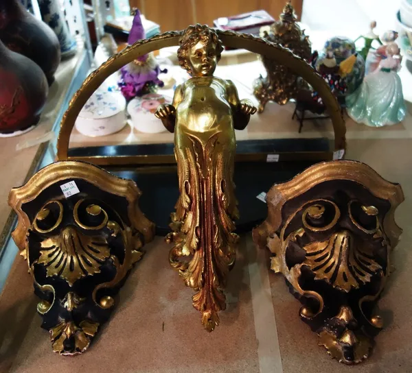 A pair of giltwood wall brackets, together with a gilt brass figural wall bracket with figural cherubic decoration and demi-lune marble top (46cm wide