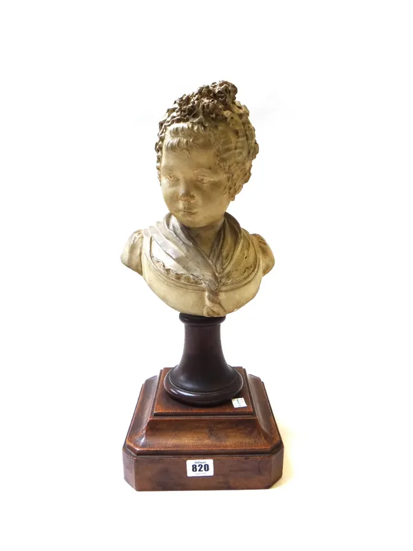 A French painted plaster bust of a child, late 18th century, in the manner of Jean Antoine Houdon, set on an oak socle and a canted oak plinth, 47cm h