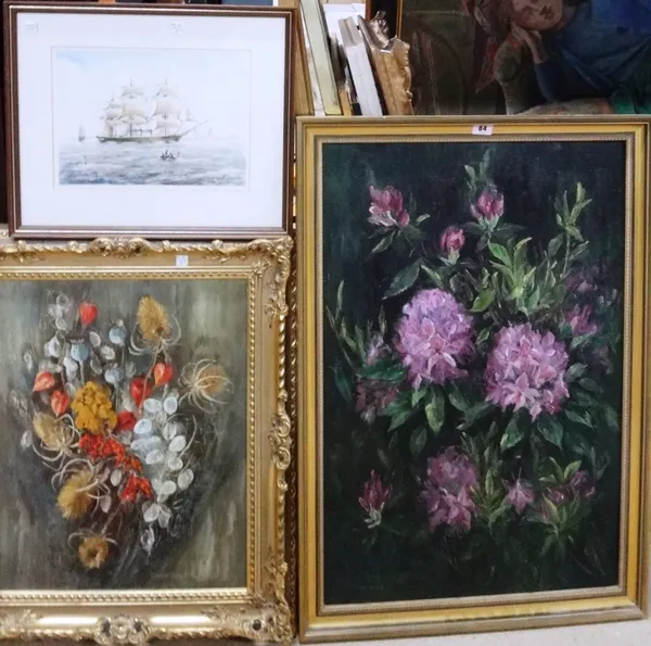Doreen Baker (20th century), Floral still life studies, two, oil on canvas, both signed, together with a watercolour of H.M.S. Warrior by D. Cluett Bu