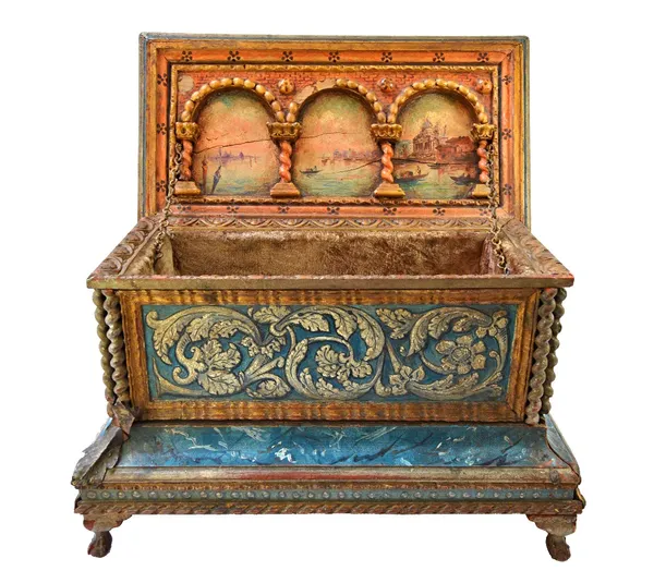 A Venetian polychrome painted chest, 19th century, the lid with further hinged compartment to the top, over a foliate and blue faux marble decorated b