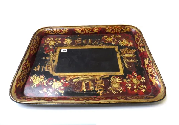 A Victorian papier mache tray of rectangular form, with gilt chinoiserie decoration against a red ground, 67cm wide.