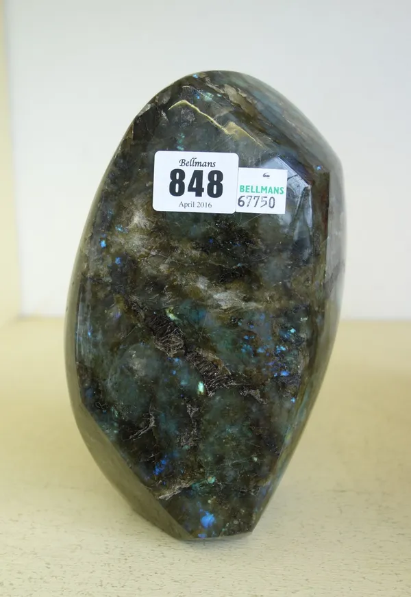 A cut and polished section of Labradorite, 20cm high x 11cm wide.