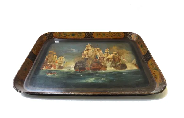 A Victorian papier mache tray of rectangular form, decorated with an English naval battle scene, possibly Trafalgar (a.f), 75cm wide.