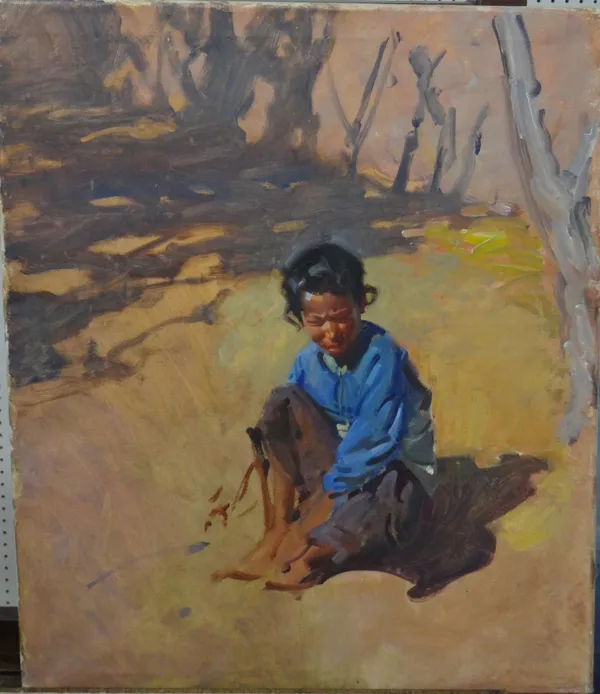 Asian School (20th century), Study of a crouching Oriental child, oil on canvas, unframed.