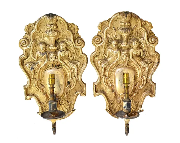 A pair of silver plated sheet metal wall lights, possibly Anglo-Dutch, circa 1870, with hallmark type stamps and engraved to the rear 'Uphold Hall' wi