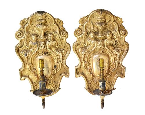 A pair of silver plated sheet metal wall lights, possibly Anglo-Dutch, circa 1870, with hallmark type stamps and engraved to the rear 'Uphold Hall' wi