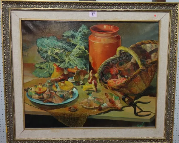 Continental School (20th century), Still life of mushrooms and cabbage, oil on canvas, indistinctly signed.
