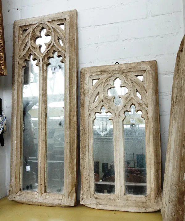 A plaster framed wall mirror, late 20th century, depicting a rectangular glazed Gothic window and a pair of matching smaller wall mirrors, the first 8