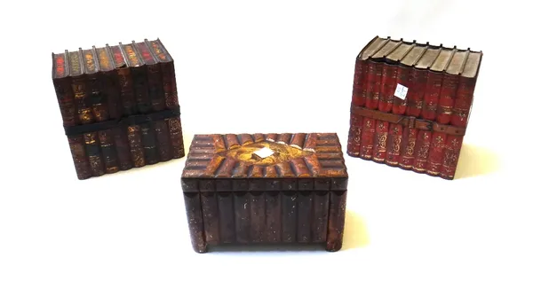 A Huntley and Palmers novelty biscuit tin, early 20th century, modelled as a stack of leather bound books, 16cm wide, together with another similar an