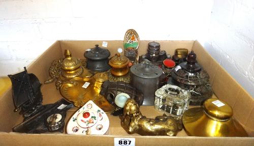 A Cornish serpentine inkwell of turned form, 11.5cm high, a novelty brass 'dog' inkwell, a brass Art Nouveau inkwell, and other collectable inkwells.