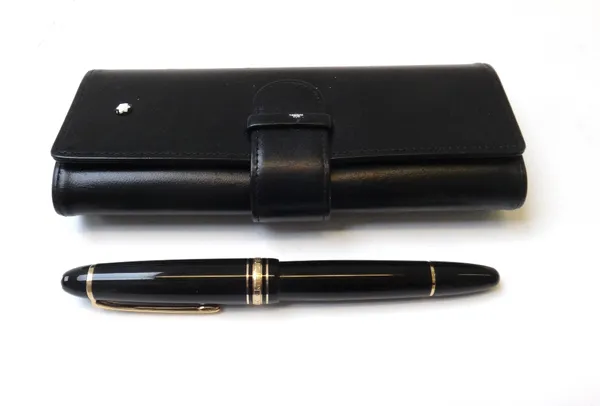 A Montblanc Meisterstuk fountain pen, the nib engraved '4810 14', in a leather case, 14.5cm long.