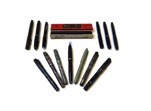 Fourteen vintage fountain pens, including; a Swan Mabie Todd self filler, boxed, a Blackbird self filler, a Permapoint, a Parker Vacumatic, and others
