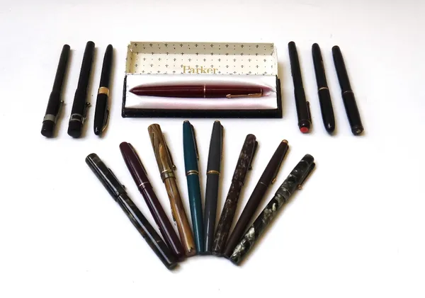 Fifteen vintage fountain pens, including; Trupoint, the 'John Bull' pen, a Watermans W2B, a Swan self filler, another in a green marbled effect, a Swa