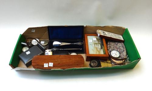 A quantity of small collectables, including; a Jaeger le Coultre military pocket watch, a glass pen, various pocket watches, a Cooke & Kelvey compass,