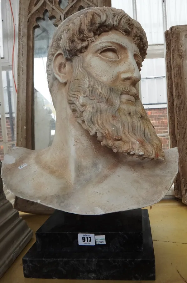 A modern plaster bust depicting a bearded Romanesque figure on a stepped marble base (51cm high) and a pair of modern white painted plaster corbels (4
