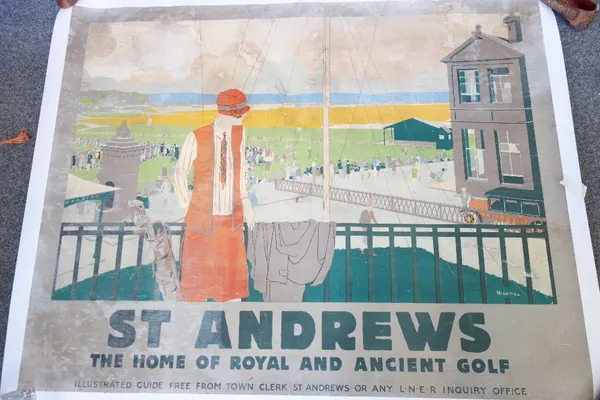 A vintage poster ; St Andrews is the home of Royal & Ancient Golf, laid to linen (a.f), and a German travel poster, 123cm x 98cm & 102cm x 64cm. (2)