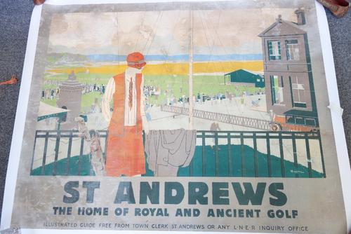 A vintage poster ; St Andrews is the home of Royal & Ancient Golf, laid to linen (a.f), and a German travel poster, 123cm x 98cm & 102cm x 64cm. (2)