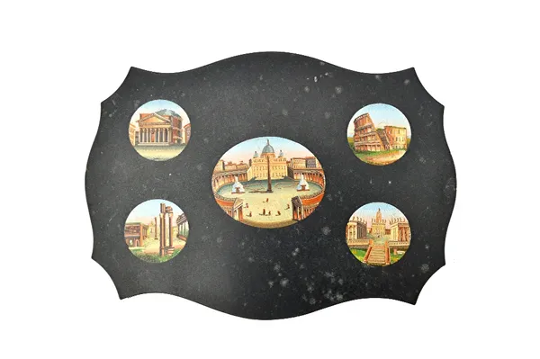 A micro mosaic picture panel comprising five roundels depicting St Peters square, The Roman Colosseum, Capitoline Hill and two further architectural s