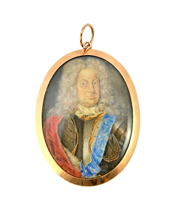 A late 17th/early 18th century French miniature on card, depicting a military officer, blue and red sash over armour, set in a glazed gold frame, unti
