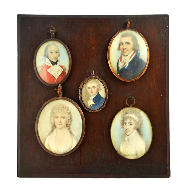 Five late 18th/early 19th century portrait miniatures on ivory including; a portrait of a military officer in scarlet uniform with sky background, 6cm
