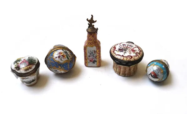 A group of four Staffordshire enamel bonbonieres and scent bottles, 19th century, and a Dresden porcelain bonboniere of triform shape, 5.5cm high. (5)