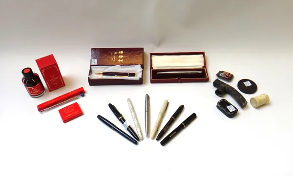 A Sheaffer vintage fountain pen, two Swan self fillers, an Asprey ballpoint pen, boxed, a Continental porcelain and silver mounted brooch, a Chinese w