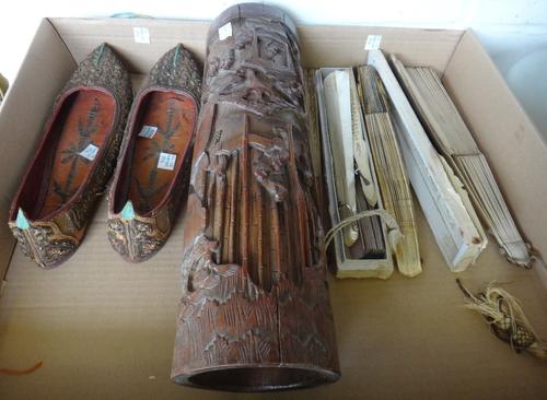 A painted paper fan, early 19th century, decorated with figures in a landscape against pierced ivory and mother of pearl sticks, 26cm, together with s