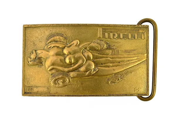 A rare Pirelli brass belt buckle designed by Salvador Dali (1904-1989), British, circa 1970, un-numbered, the front with erotic figural motoring scene
