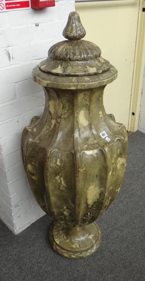 A pair of large pottery vases and covers, modern, each simulating green marble, with fluted bodies and a circular foot (a.f), 112cm high. (2)