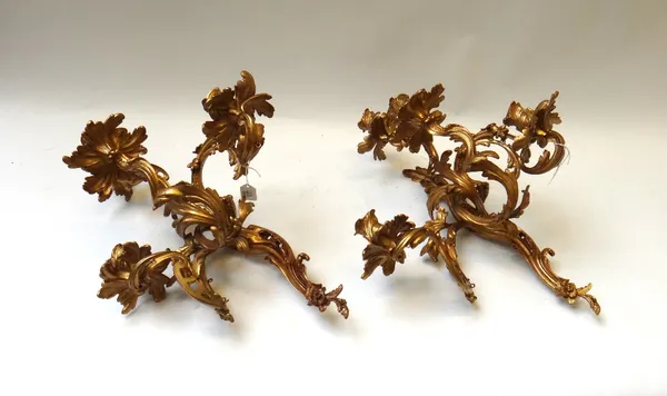 A pair of Continental gilt bronze four branch wall appliques of foliate cast Rococo style, 20th century, 46cm high. (2)