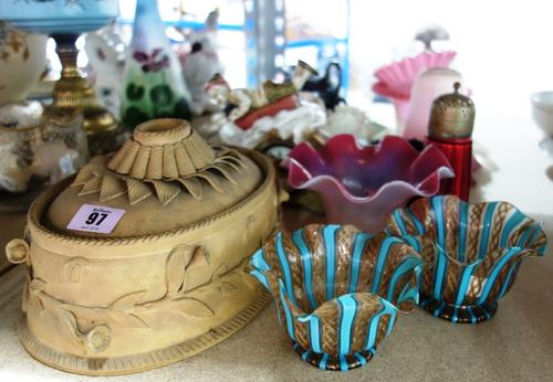 A quantity of ceramics and glass, including four glass shades, a game pie dish, a group of crested china, a brown glaze tea set and sundry. (qty)