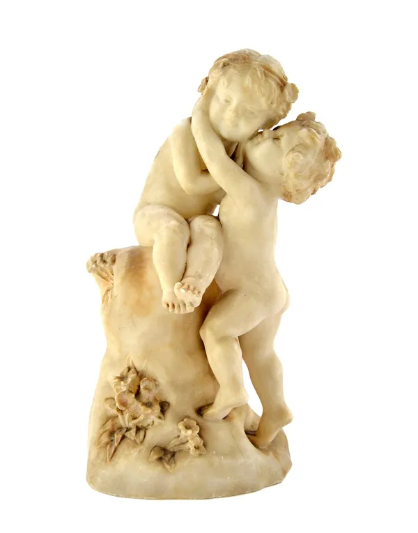 An Italian alabaster group of two children, circa 1900, in the manner of Antonio Frilli, signed 'A Frilli F.A. Firenze' 30cm high.  Illustrated   MS00