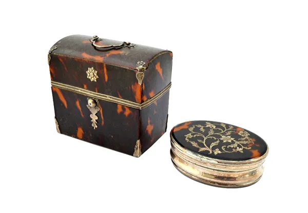A Continental tortoiseshell and silver mounted casket, mid/late 19th century (8.5cm wide) and a Continental tortoiseshell and sliver inlaid oval snuff