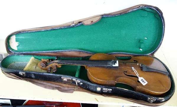 A Continental violin, interior paper labels, reads 'Midas Scholes 1726. Back measures 141/8 inches, with hardcase.