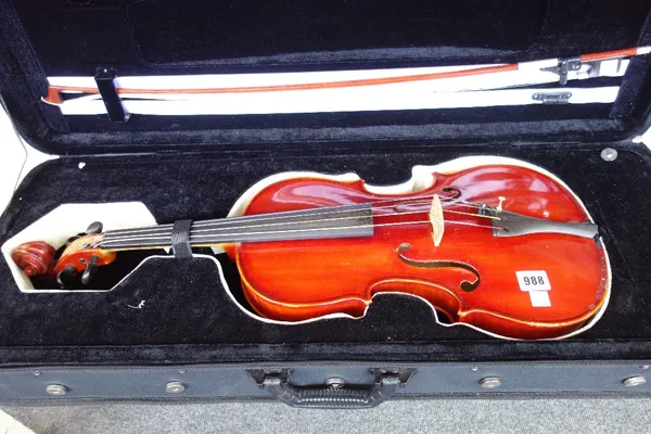 A Continental Viola, Interior paper label reads 'Joseph Peluzzi 1936 JHS', with a bow stamped 'Charles Bazin Vida', back 16 inches, cased.