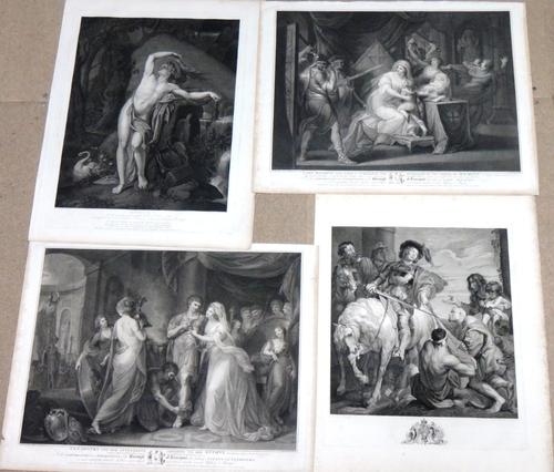 After Rubens, St Martin dividing his cloak; After Gaven Hamilton, Apollo; After William Martin, Lady MacDuff; Cleopatra, a group of four engravings, a