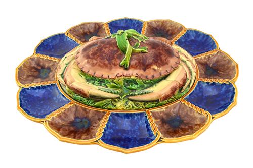 A Minton majolica crab tureen and cover, with year cypher mark for 1859 impressed 'M' to base, the cover modelled as a large crab, with moulded seawee